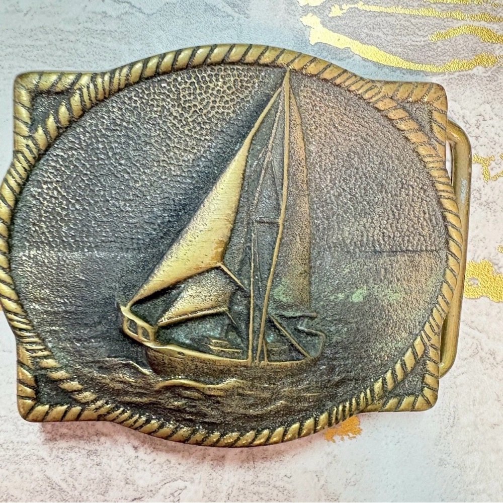 Vintage Brass Nautical Gold tone Sailing Boat Belt Buckle
